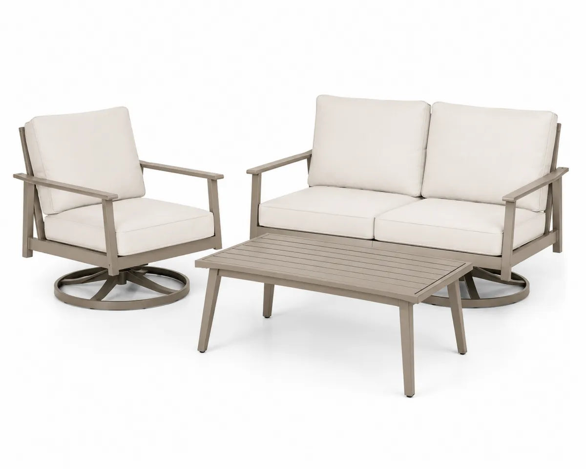 Zestaw mebli ogrodowych aluminium z beżowymi poduszkami, sofa dwuosobowa i fotel z stolikiem