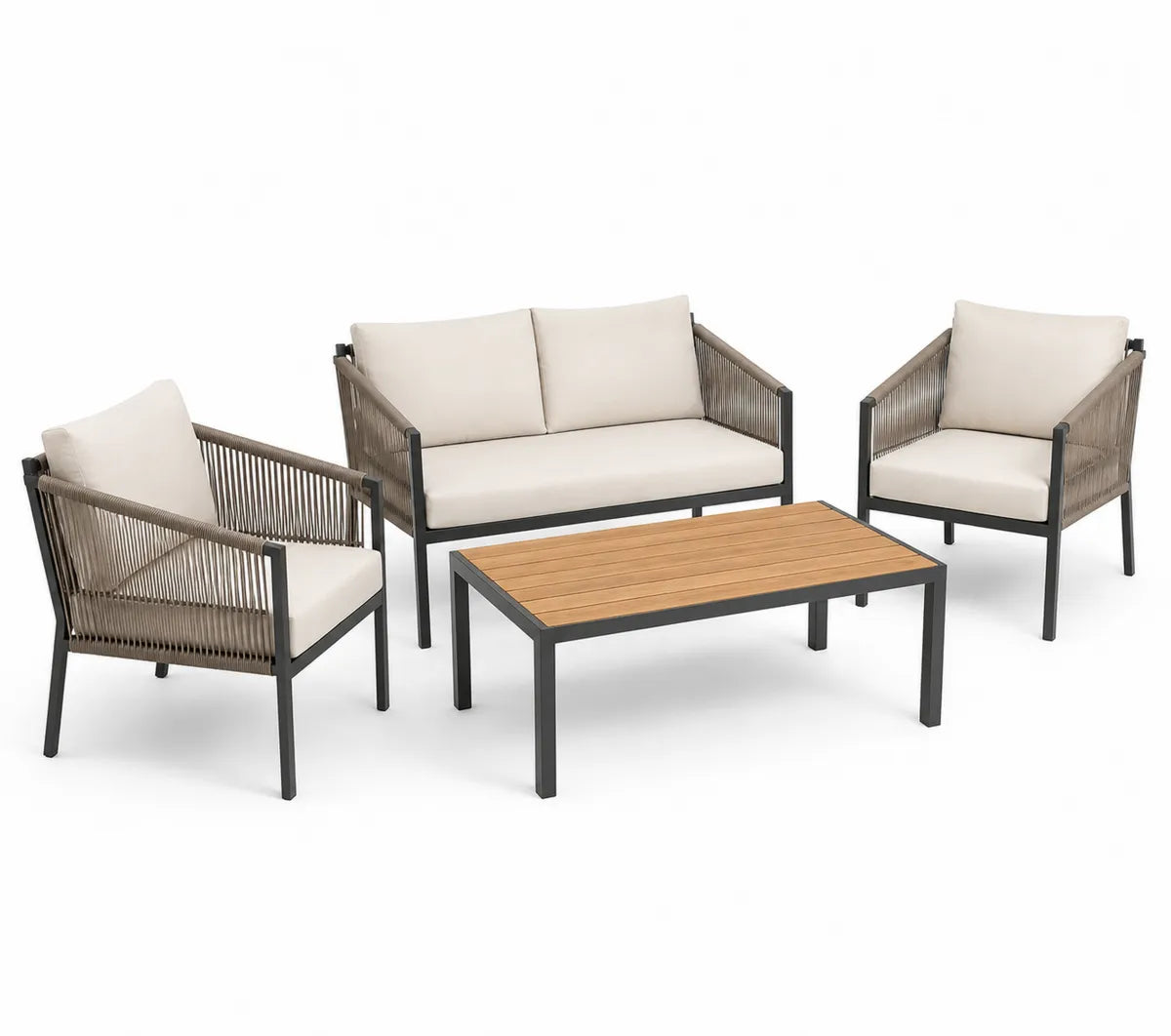 Zestaw wypoczynkowy ogrodowy 4-częściowy aluminiowy, beżowy, liny i drewno, sofa dwuosobowa, 2 fotele, stolik kawowy