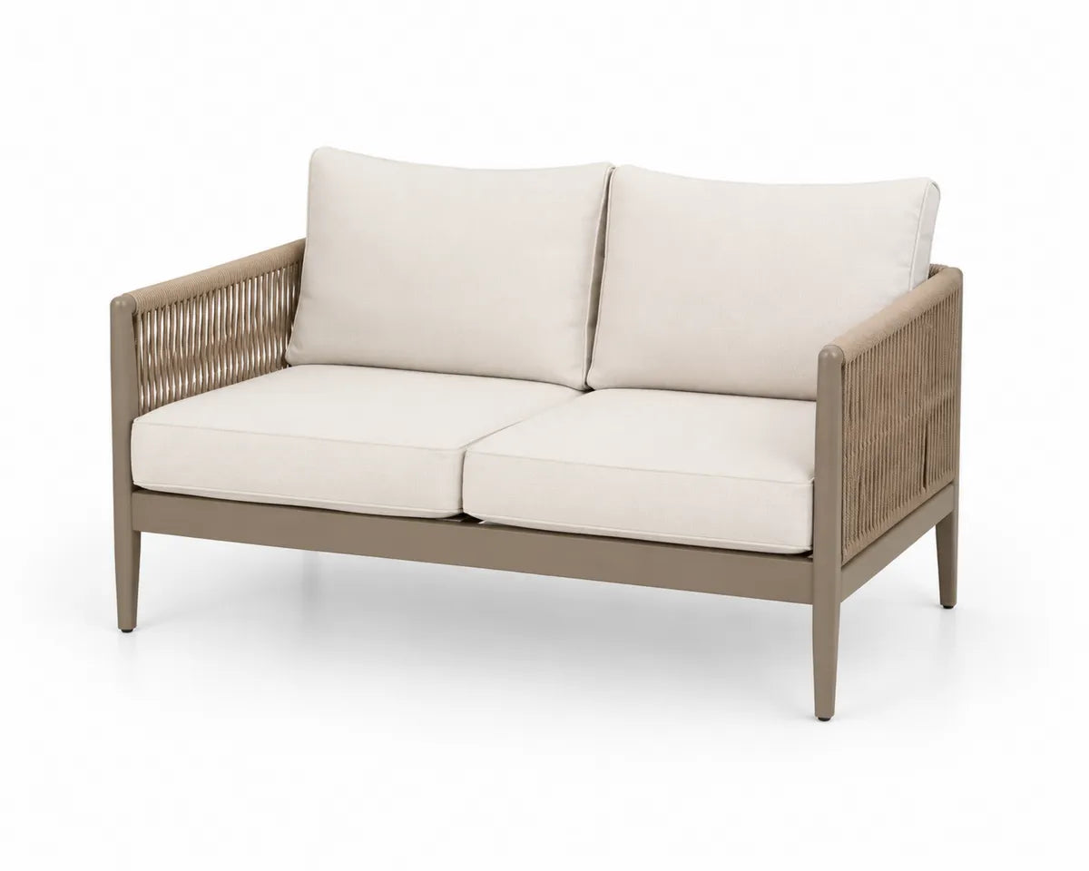 Sofa stalowa z poduszkami i syntetyczną liną 140 cm beżowa