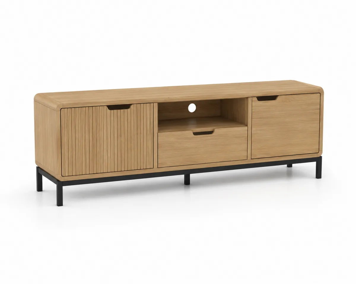 Dębowa szafka RTV z litego drewna i stali 150x40x50 cm