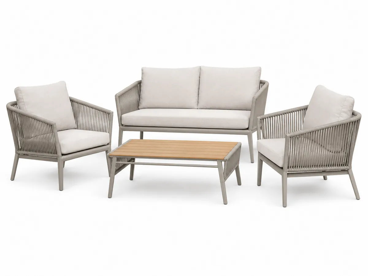Zestaw mebli ogrodowych z sofą i fotelami, szary, prostokątny, sznur, drewno, 2-osobowa sofa, 2 fotele, stół