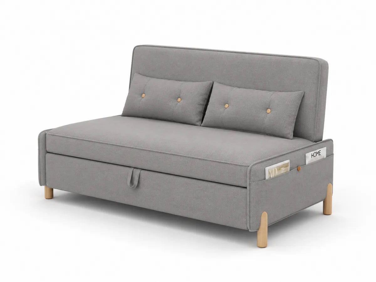 Sofa rozkładana z tkaniny z konstrukcją bukową szara