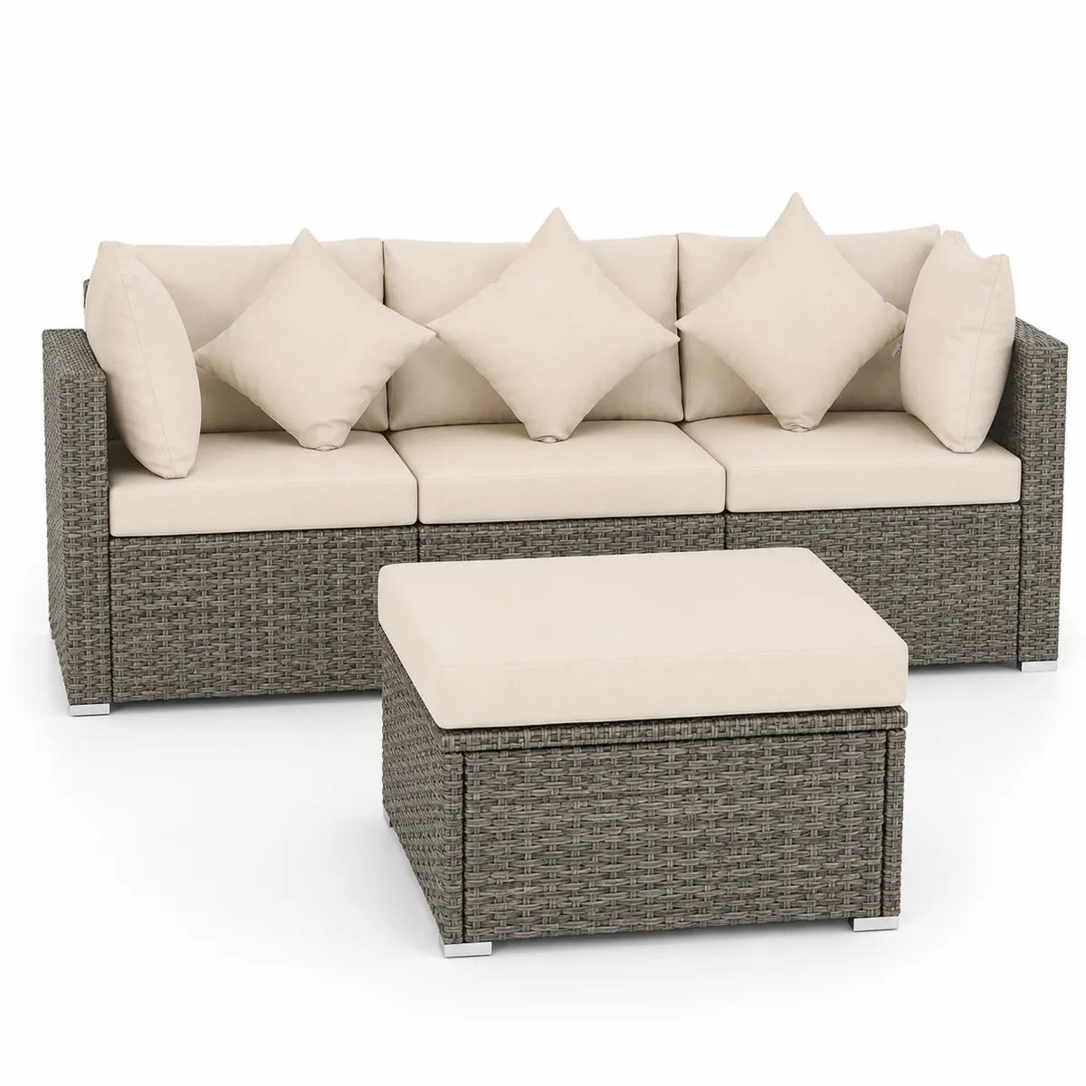 Sofa ogrodowa z technorattanu szaro-beżowa z pufą i poduszkami