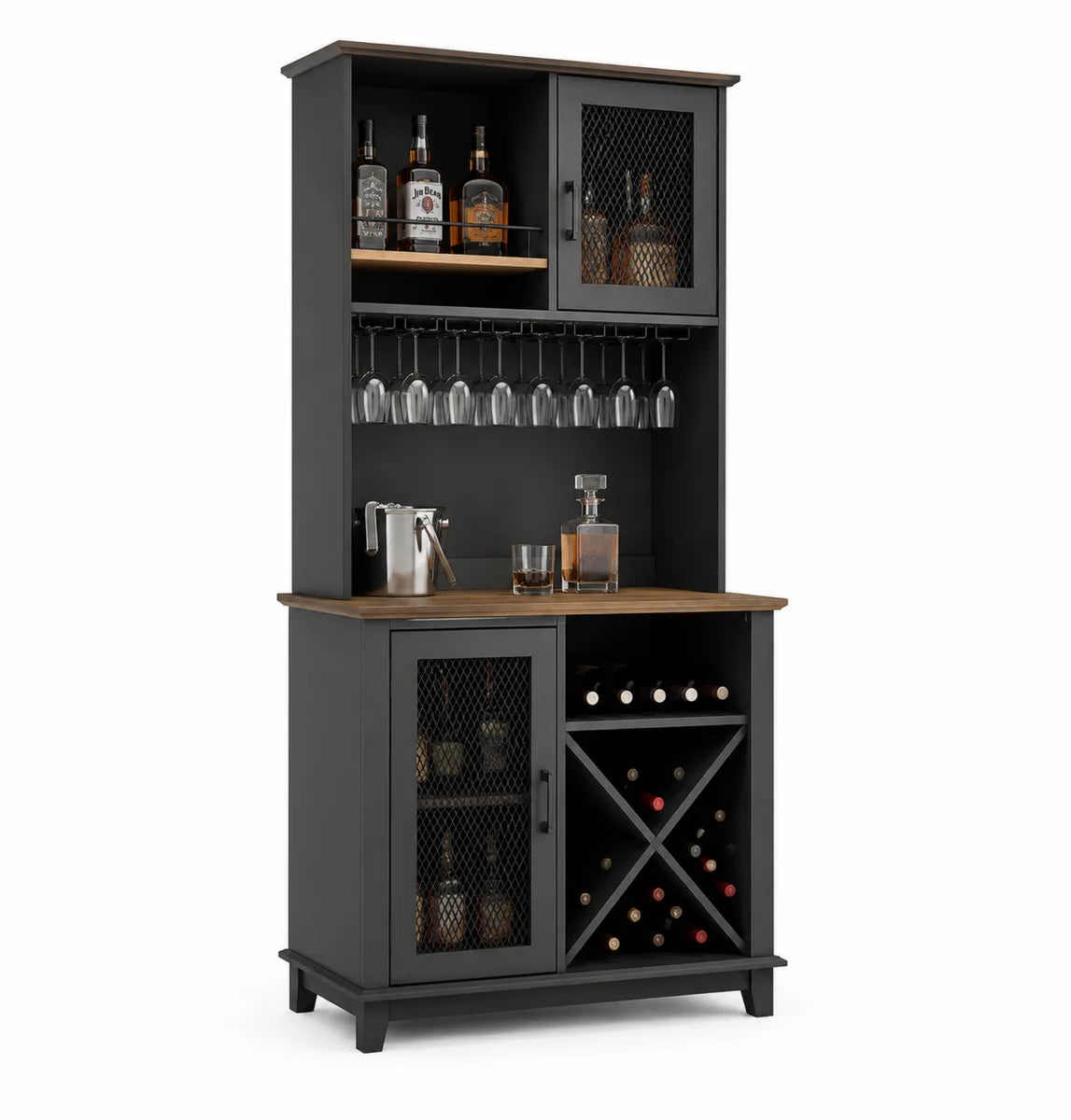 Czarna metalowa szafka na wino z półkami i miejscem na kieliszki 100 cm x 40 cm x 175 cm