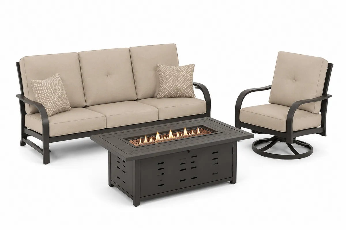 Zestaw mebli ogrodowych z sofą, fotelem obrotowym i stolikiem z paleniskiem, poliester, metal, sofa 200x80x90 cm, fotel 80x85x90 cm, stolik 130x70x55 cm, beżowy/czarny