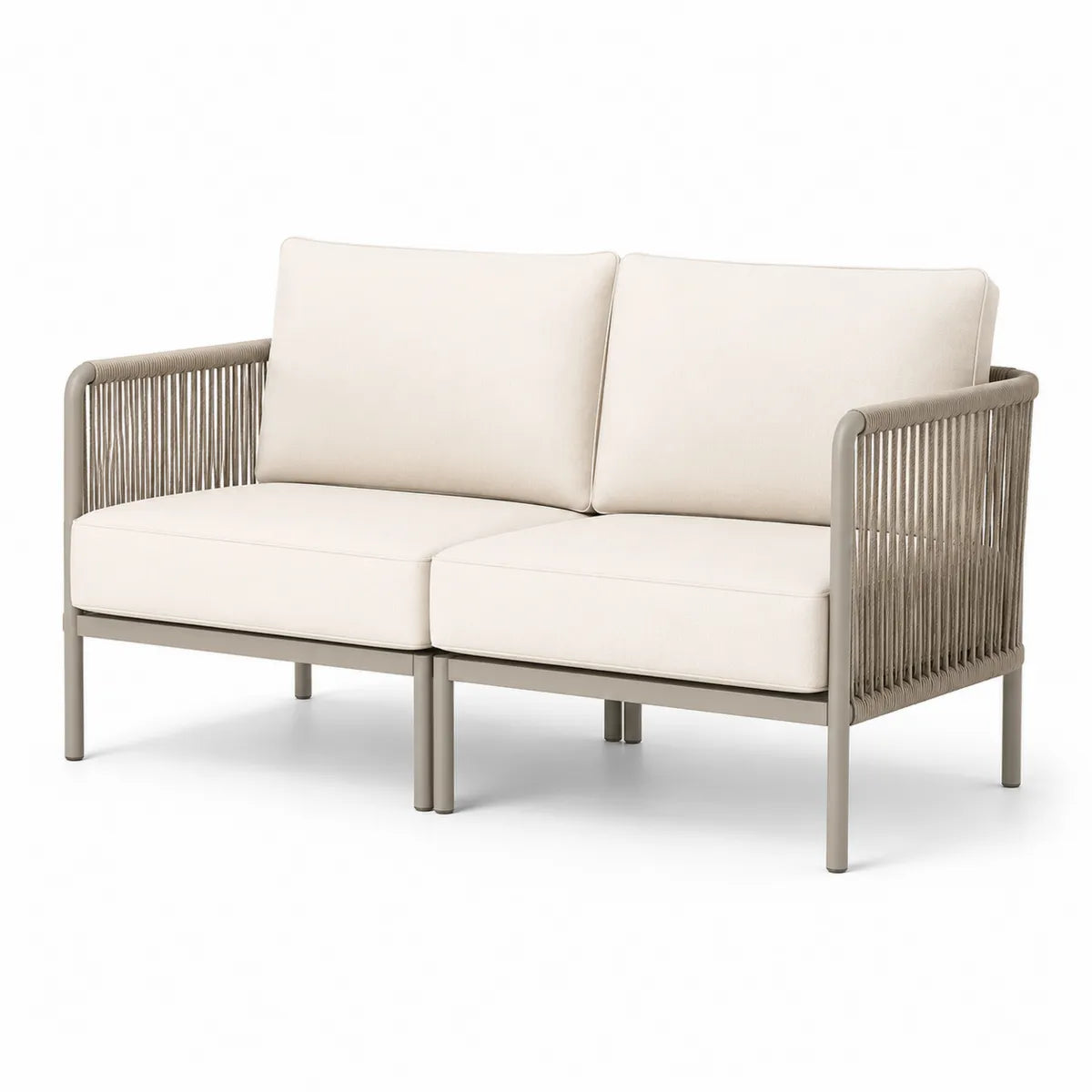 Beżowa sofa dwuosobowa z plecionką i metalową ramą