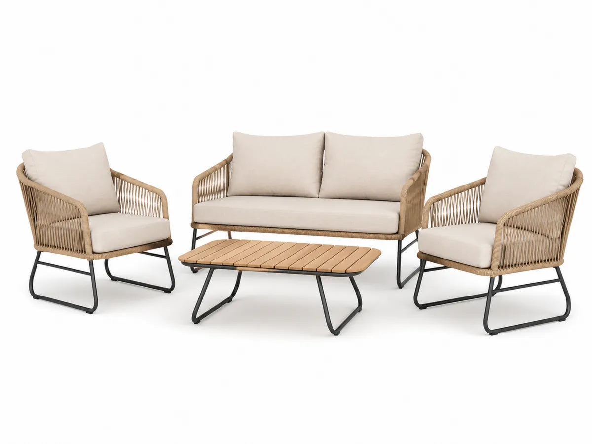 Zestaw mebli ogrodowych rattan stal teak beżowy