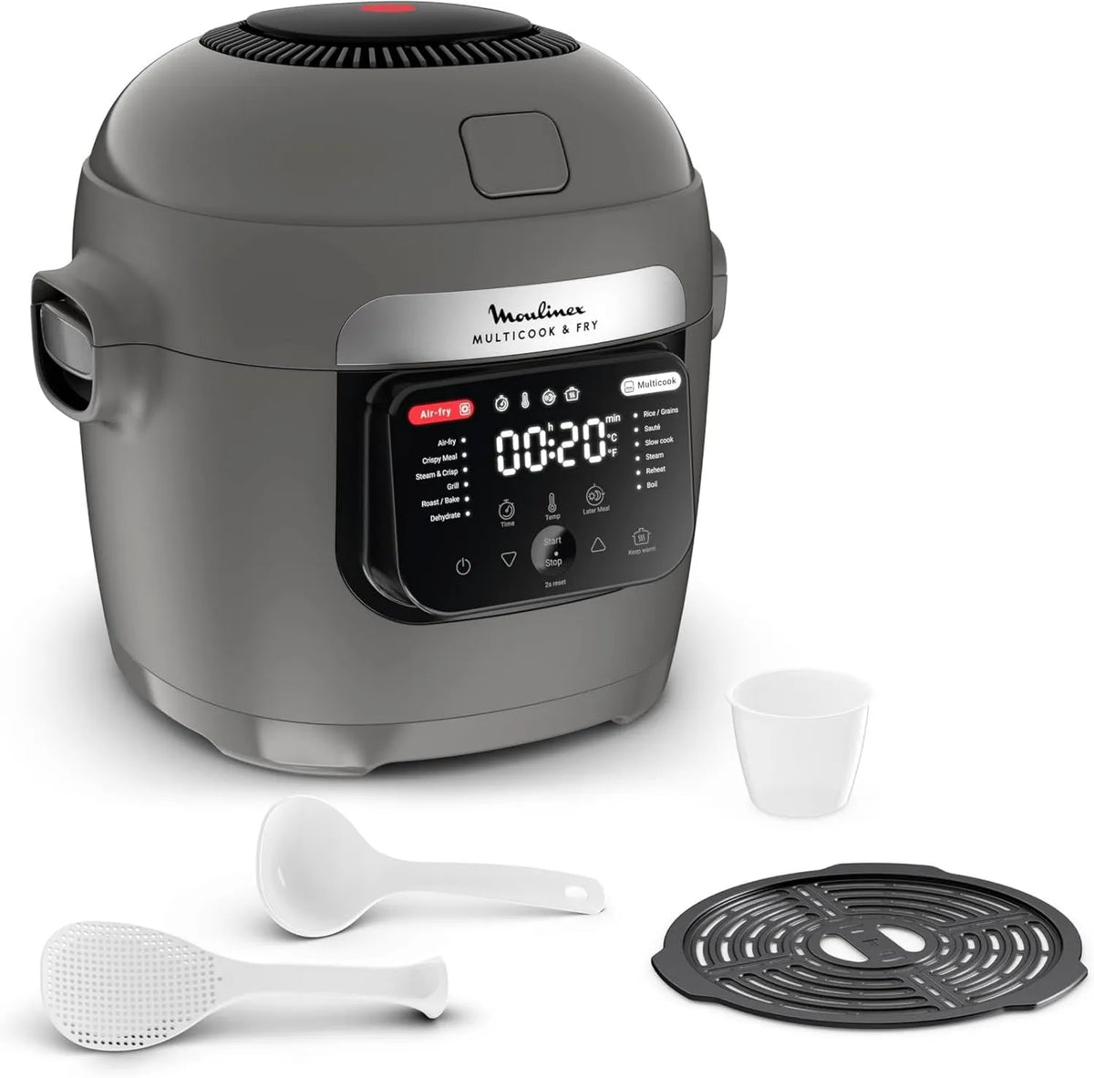 Moulinex MZ730BF0 multicooker, 12 programów, wbudowany multicooker i fryer powietrza, 2-poziomowe gotowanie, opóźniony start, Hippo szary