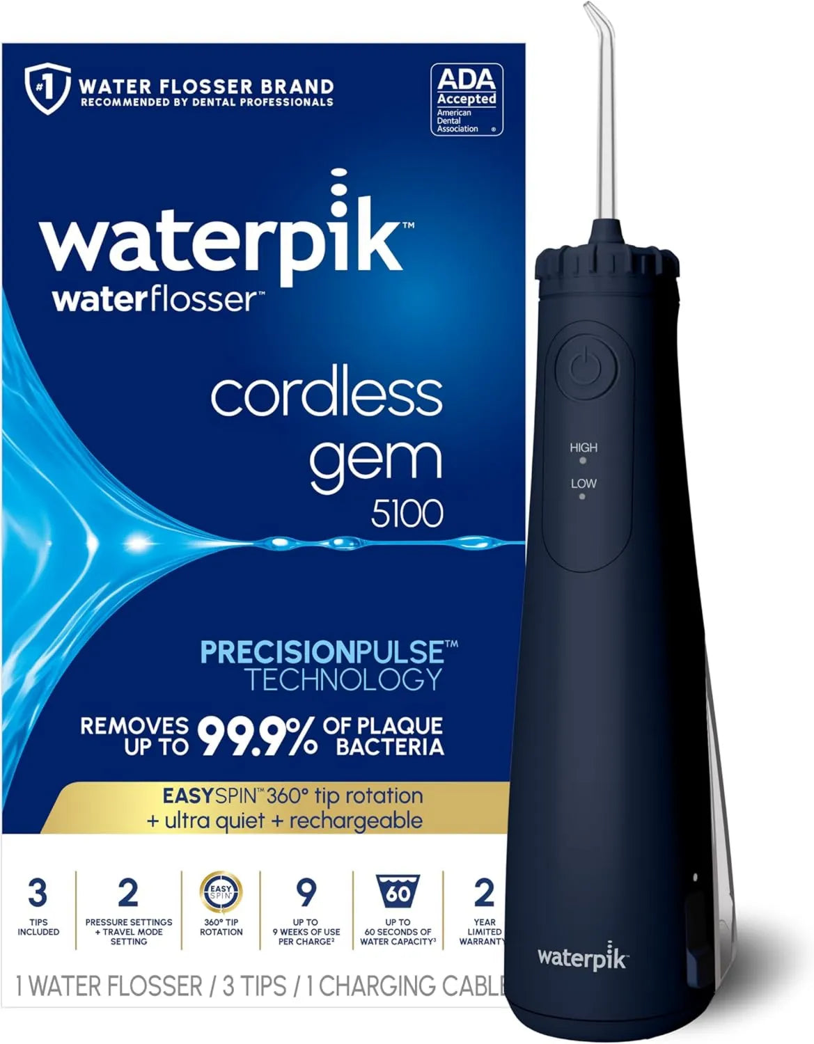 Waterpik, przenośny, elektryczny hydropuls dentystyczny, IP65, bezprzewodowy, do podróży i domu
