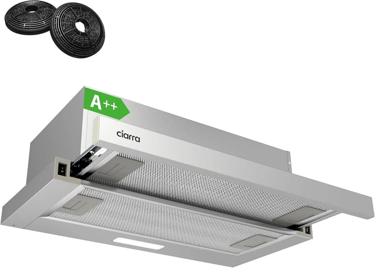 CIARRA okap kuchenny, Osłona ssąca CIRRA, 60 cm, 391m3 / h, klasa energetyczna A, ewakuacja i recykling, oświetlenie LED, 2 prędkości m3/h