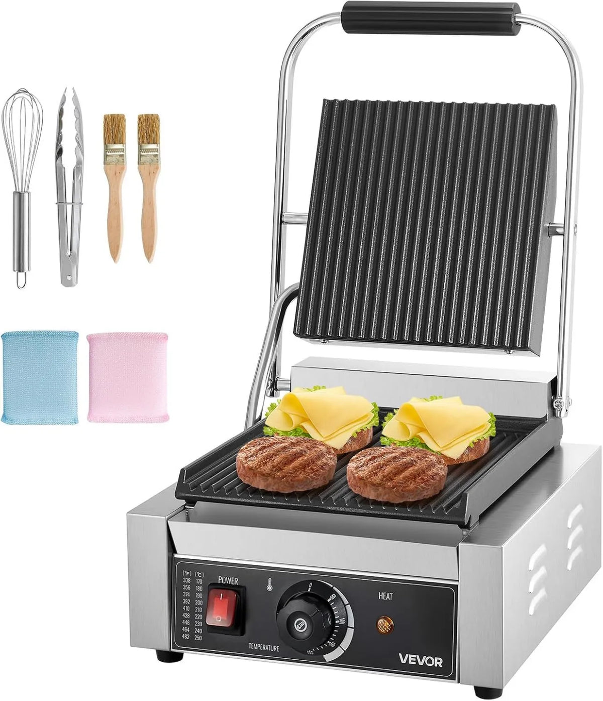 VEVOR grill elektryczny, Press, grill panini i croque- monsieur, 22x23 cm, 1800 W, 2 strefy temperatur, stal nierdzewna, dla Hamburgera