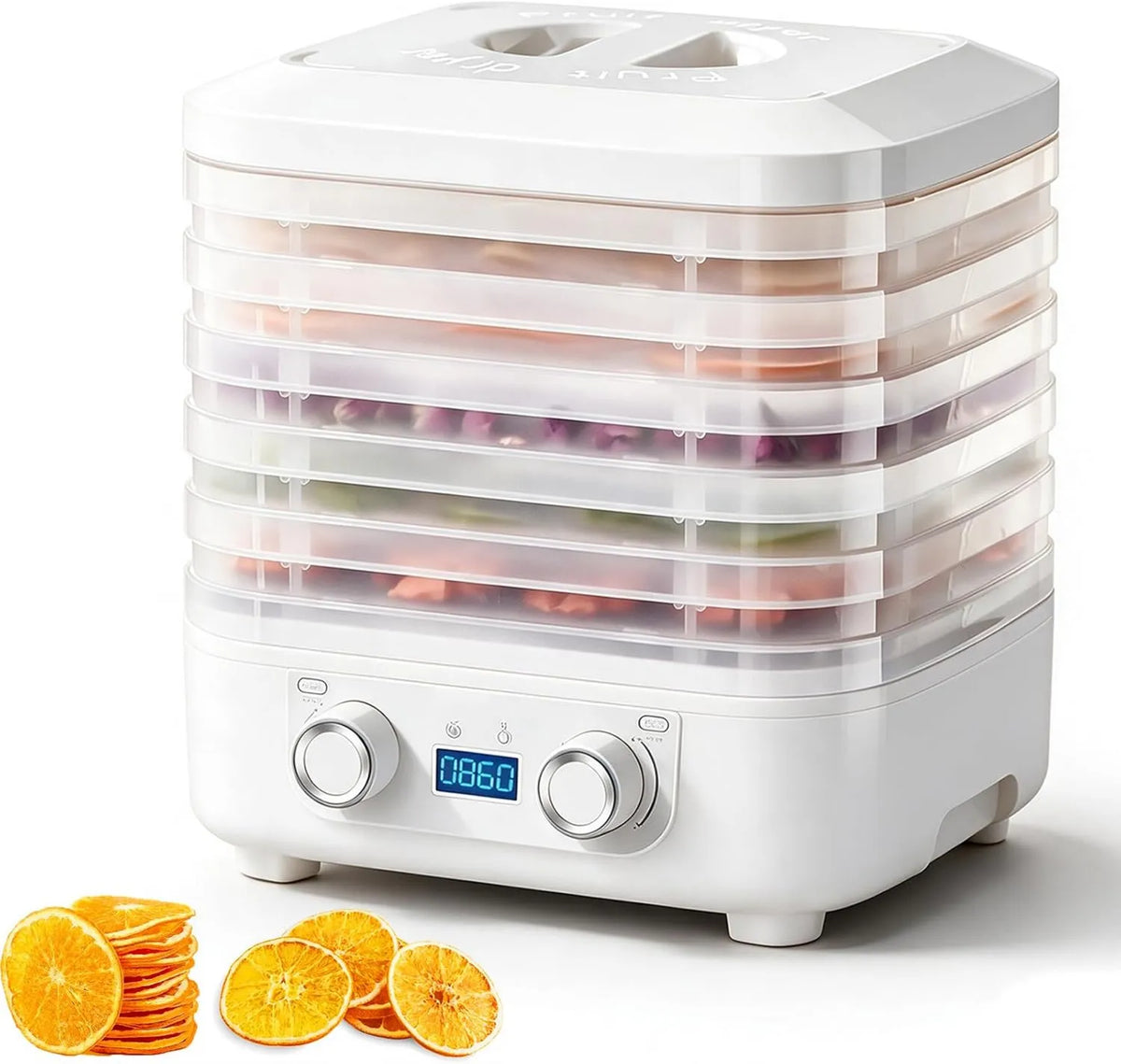 Generic suszarka do żywności, 1-48H Suszarka, odwodniony pokarmowy, 35 do 70°C, 40 dB, zegar, 5 Płyty, biały, dla owoców