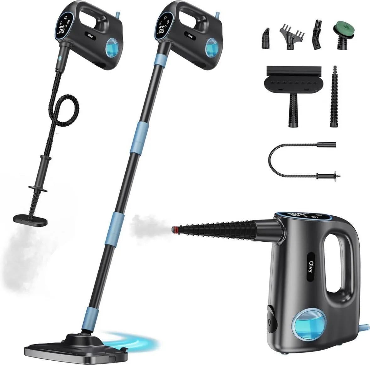 Olvy myjka parowa, 2- in-1, 1200 W, 2 strefy temperatur, 13 Części, Wysoka temperatura 1200 W Bez chemii, 12 Akcesoria 2-en-1