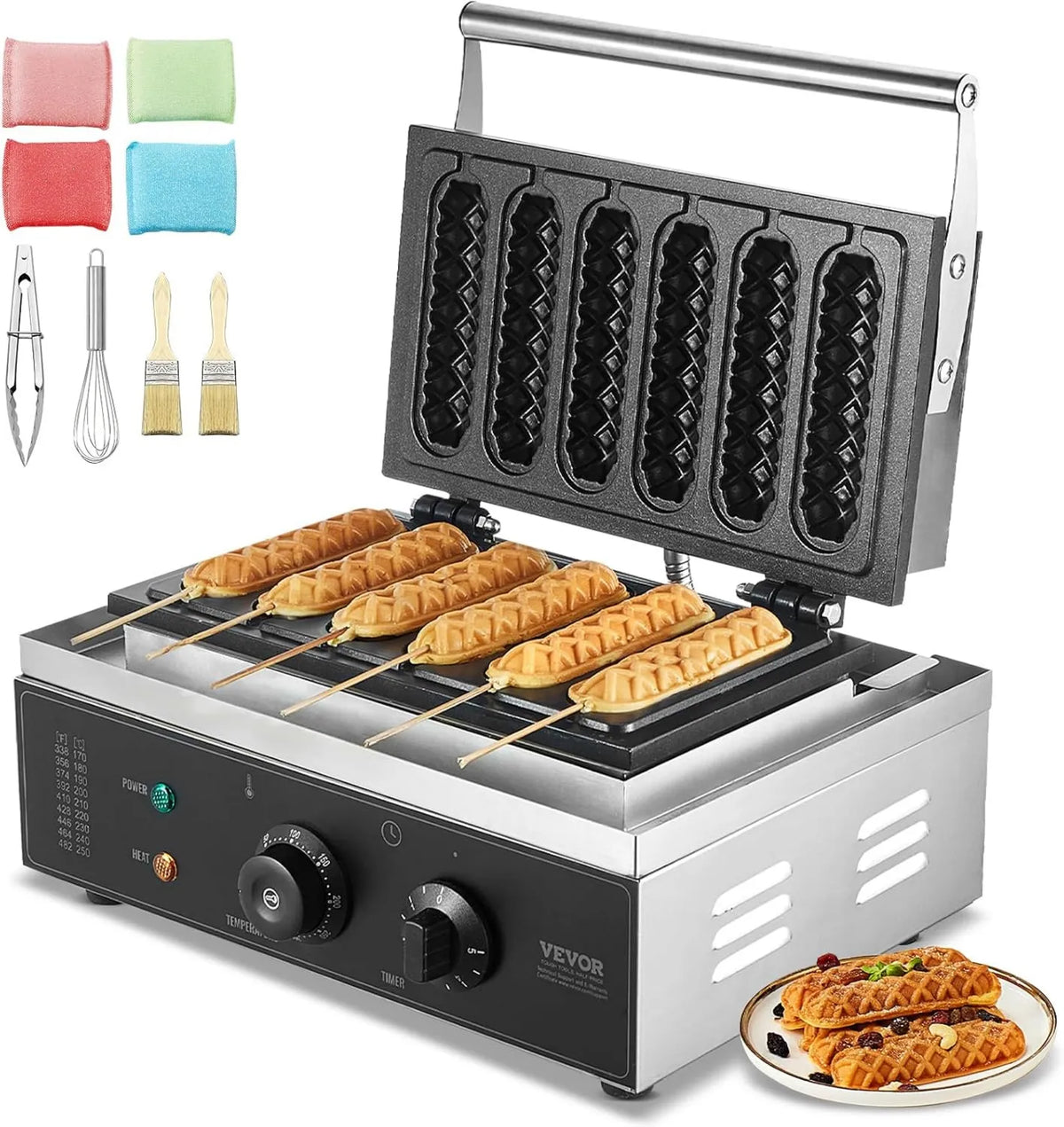 VEVOR gofrownica / opiekacz, elektryczny wafler, Maszyna, 1500 W, profesjonalne, z powłoką nieprzywierającą powłoki, stal nierdzewna, 6 sztuk