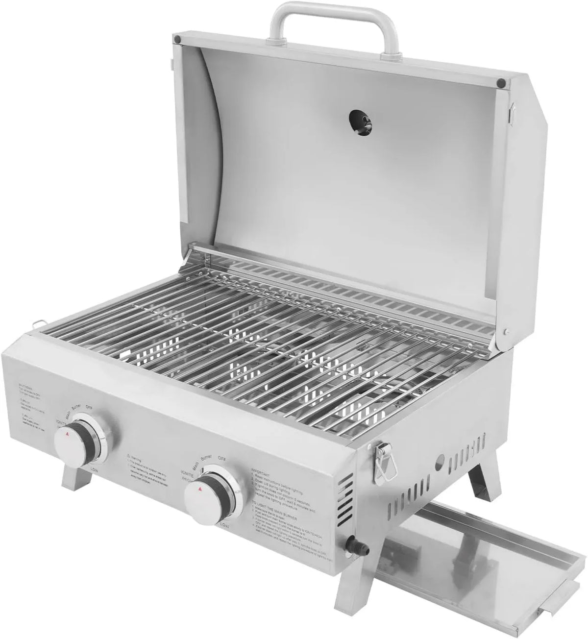 Grill gazowy, 38 cm, 55,8 x 45 x 38 cm, 2 palniki, funkcja grilla, Przenośny grill gazowy, ze stali nierdzewnej, grill kempingowy na taras