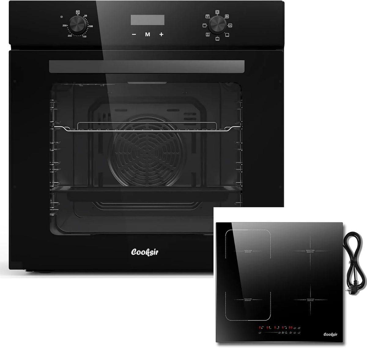 Cooksir piekarnik do zabudowy, Piec elektryczny, 60 CM, 60 l, 4 pola grzewcze, 2000 W, 7 programów, elastyczny obszar, przycisk obrotowy + płyta indukcyjna 4 Płomienie z gniazdem, 60 Litrów