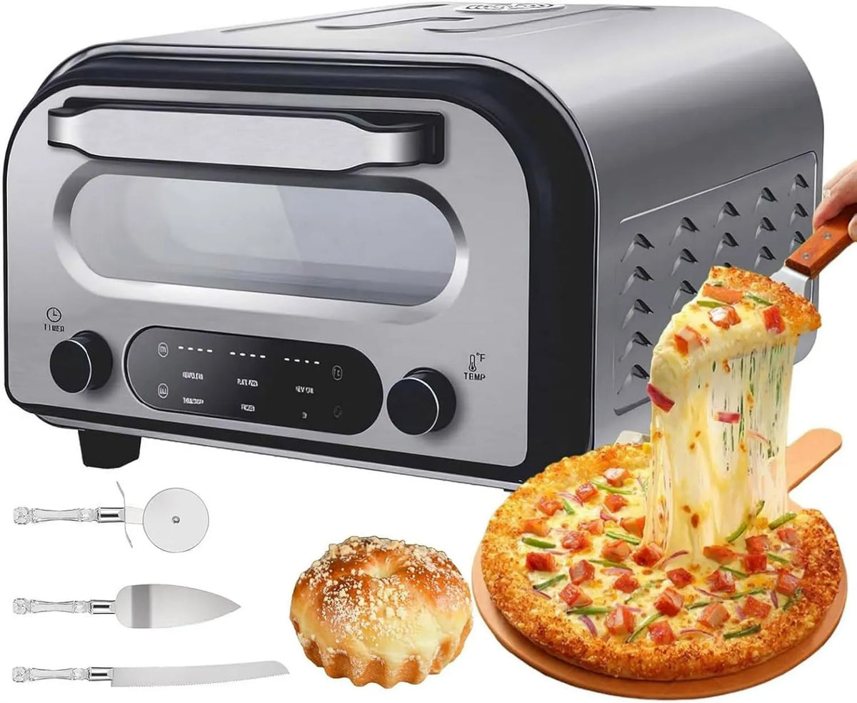 GHRERTX piec do pizzy, Pizza piekarnik elektryczny, 12 cali, 1700 W, zegar, 2 strefy temperatury, 6 pizzy preset, blat w 450°C