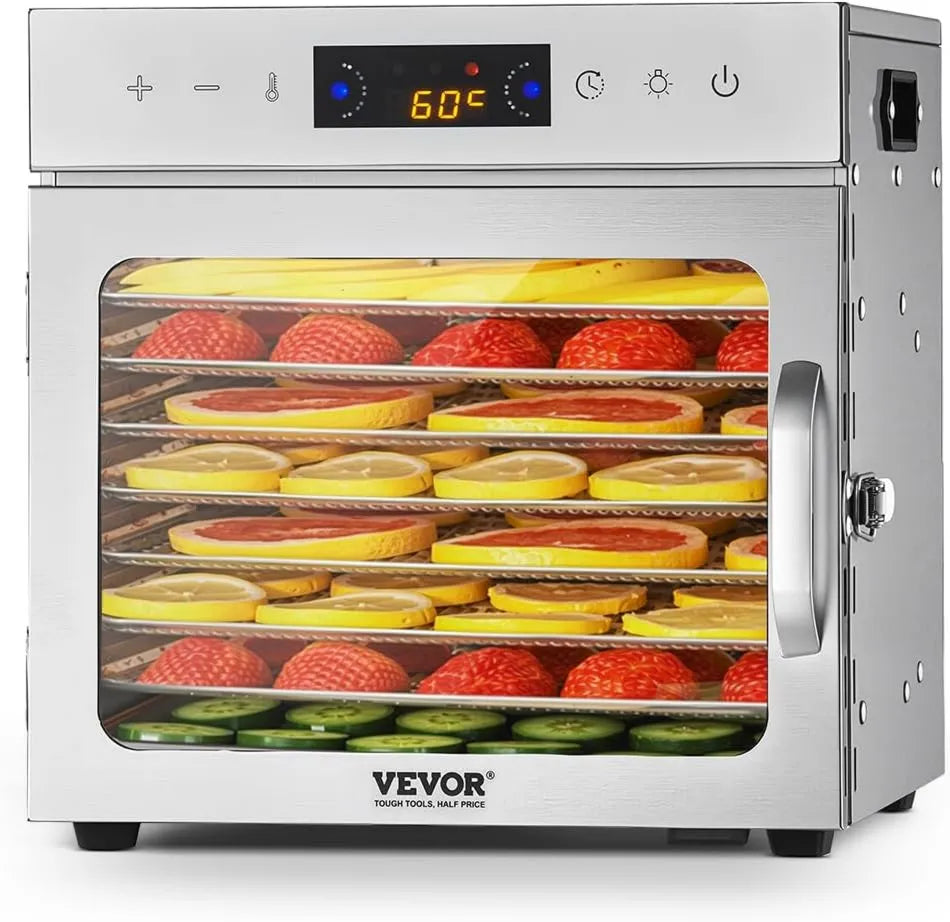 VEVOR suszarka do żywności, Suszarka do samochodów, odwodniona żywność, 400 W, licznik, stal nierdzewna, 8 tac, do mięsa