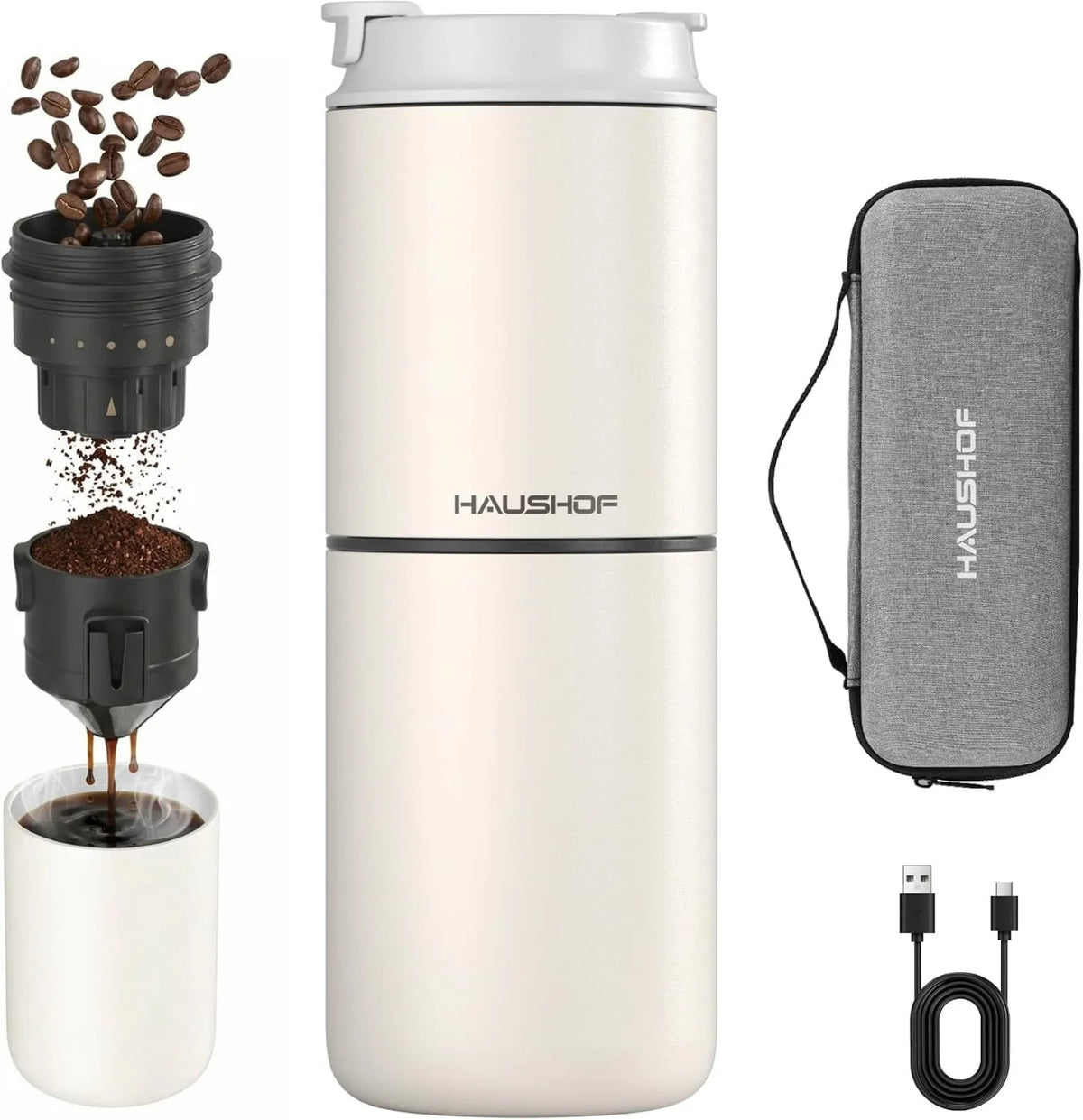 HAUSHOF, 4- in-1 Kawiarnia, Mill, Przenośne, elektryczne ekspres do kawy, 400 ml, stojąco, kemping, bezprzewodowy, biały, do podróży i kempingu, 4-en-1