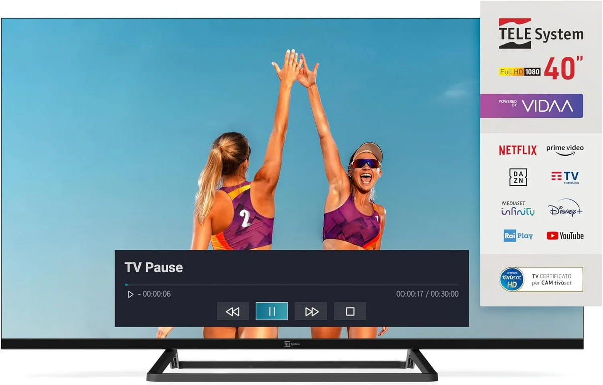 TELE System, Smart TV, 40 cali, TV, HDR, Full HD, HDR10 HLG, CAM tivùsat certyfikat, napędzany przez VIDAA, Podwójne pilot, HbbTV