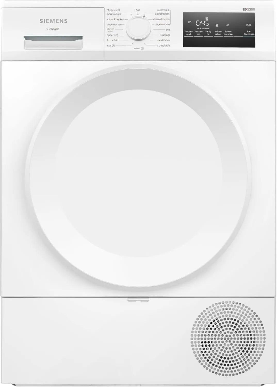 SIEMENS suszarka z pompą ciepła, iQ300 WT43HV04 suszarka, 8 kg, 63 dB, do użytku na zewnątrz, dotykowy, locking, biały